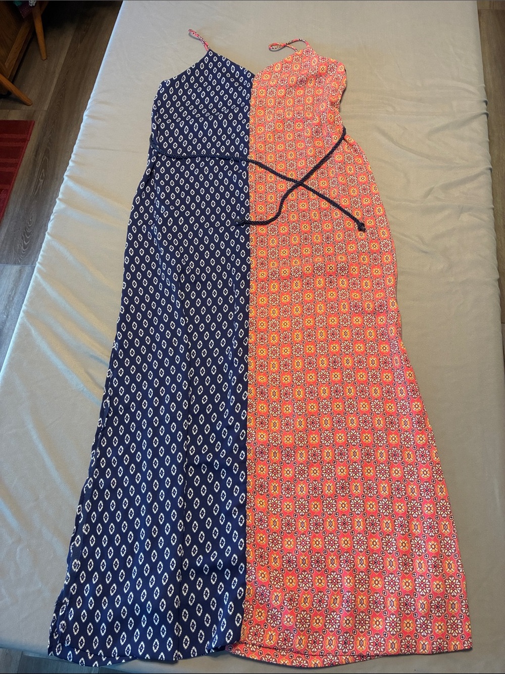 Alya Two-Tone Navy and Coral Maxi Dress